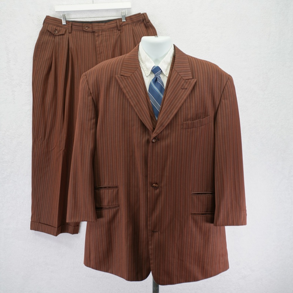 Falcone Super 100s Polyester Rayon 3 Piece Suit -48L 40 / 30- Brown Striped Peak